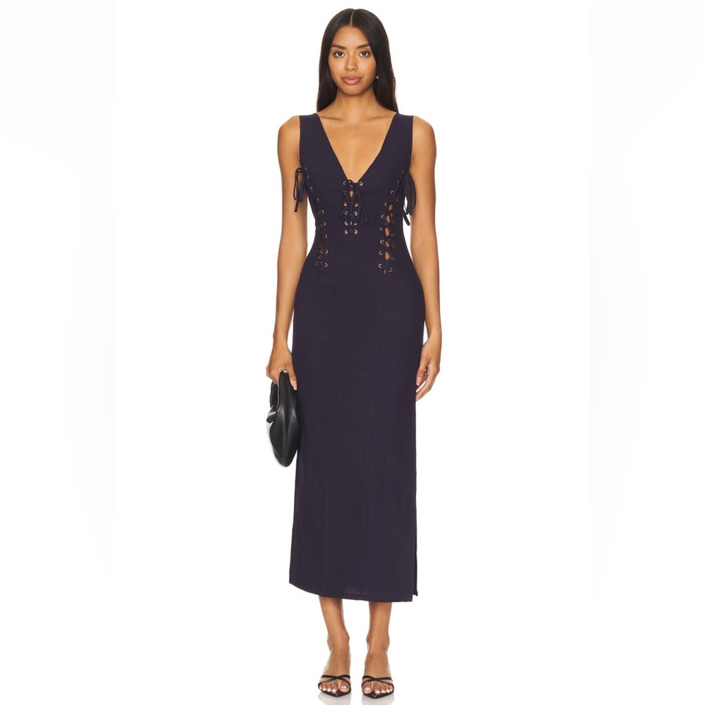 Lioness Dreamscape Navy Lace-Up Maxi Dress